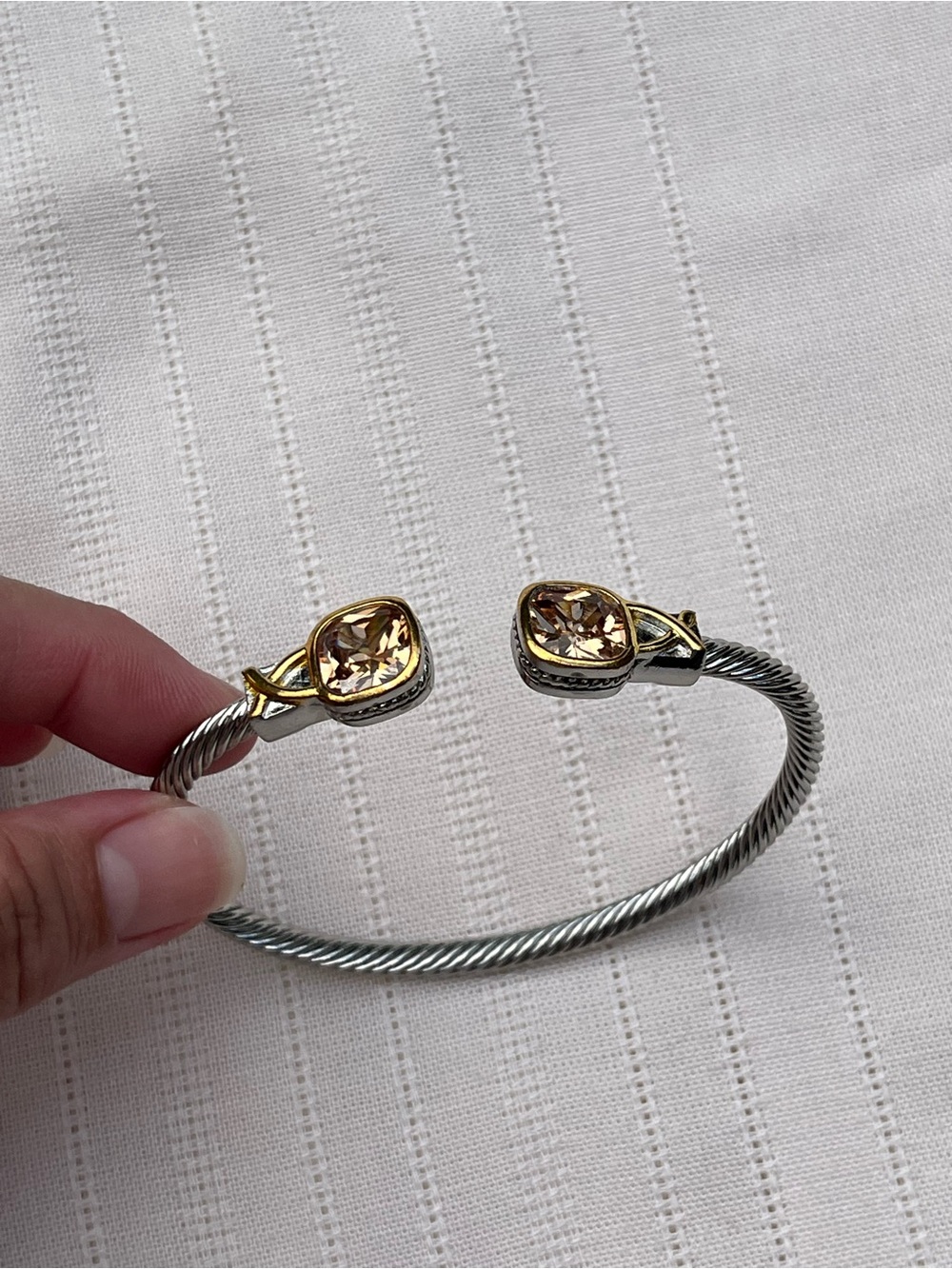 Gold Accent Silver Cable Cuff Bracelet with Champagne Stones - Women Jewelry - Picture 9 of 12